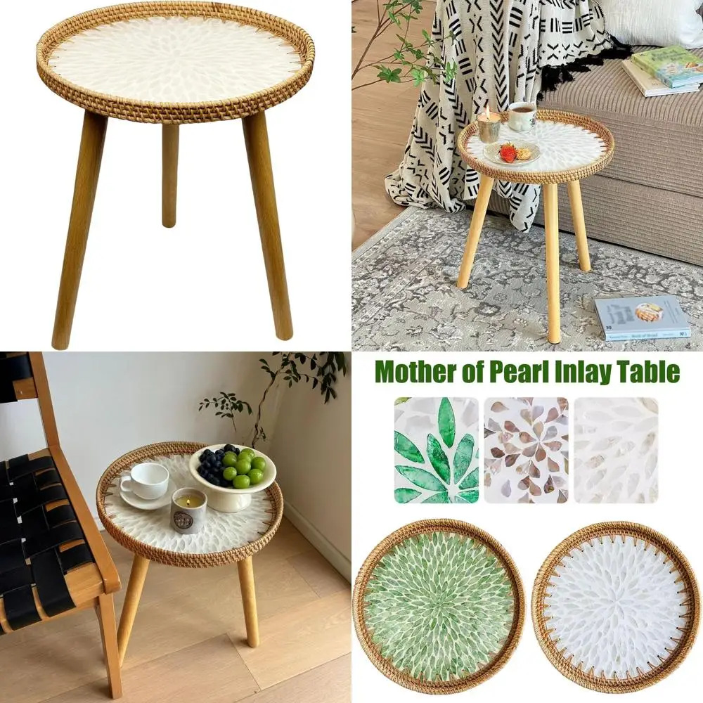 

Компактный приставной столик из ротанга с инкрустацией перламутром, белый круглый кофейный столик для гостиной и спальни