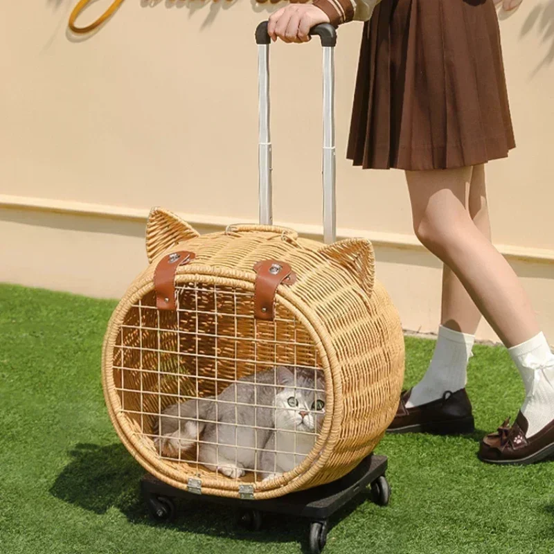 

Portable Carrier for Cat Imitation Rattan Cat Basket Comfortable and Breathable Pet Trolley Universal Pulley Cat Transport Crate