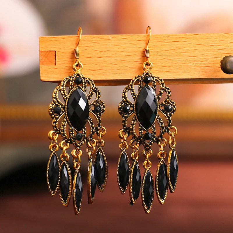 Black Ethnic Style Geometric Dangle Earrings for Women Retro Boho Long Acrylic Water Drop Earrings Female Jewelry