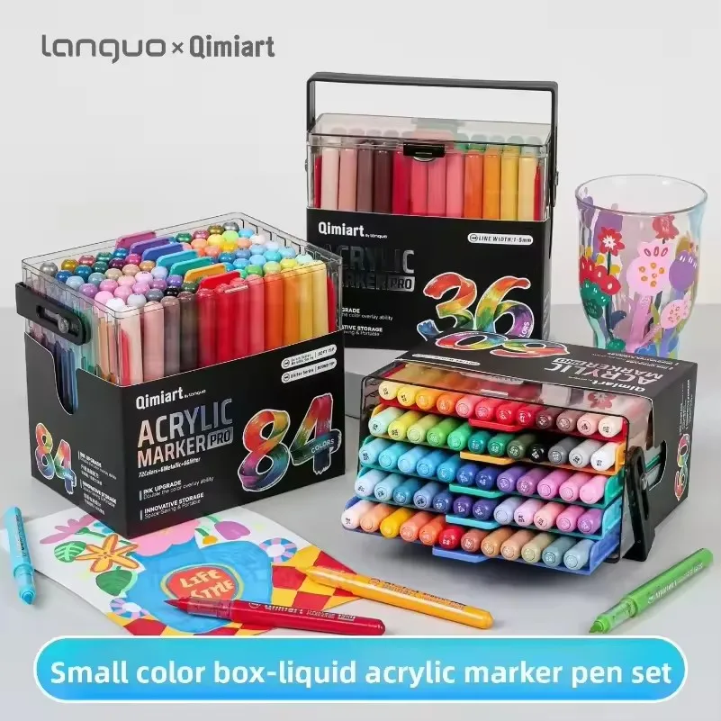 Languo 84/60/36 Colors Heavy Color pro Direct Liquid Acrylic Markers Set Soft Tip Waterproof Pens School Art Supplies Stationery