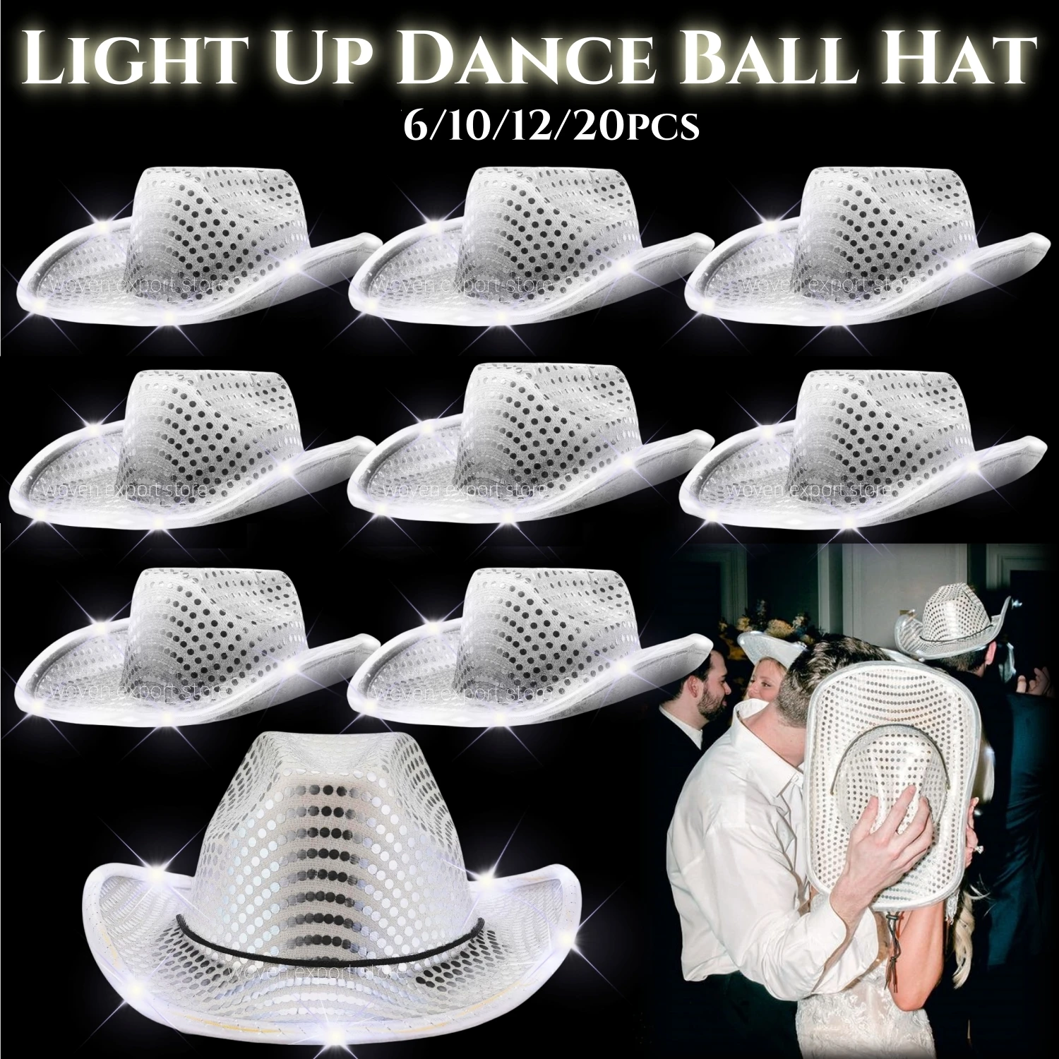 6-20pcs Light Up Cowboy Hats LED Flashing Cowgirl Hats Western Cowboy Hats for women for Wedding Reception Dance Ball Party