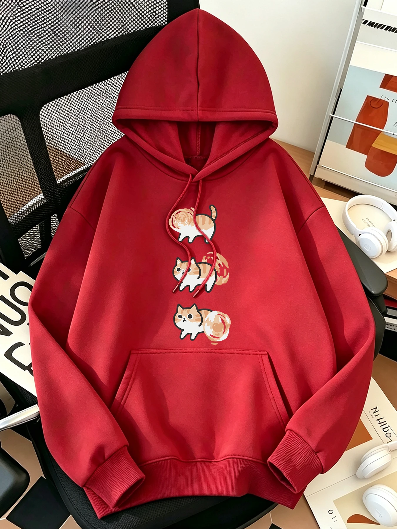 Creative Whirlwind Cat Pattern Couple Casual Loose Pullovers Youth Crewneck Hoodies Fleece Y2K Tops Multicolor Warm Streetwear