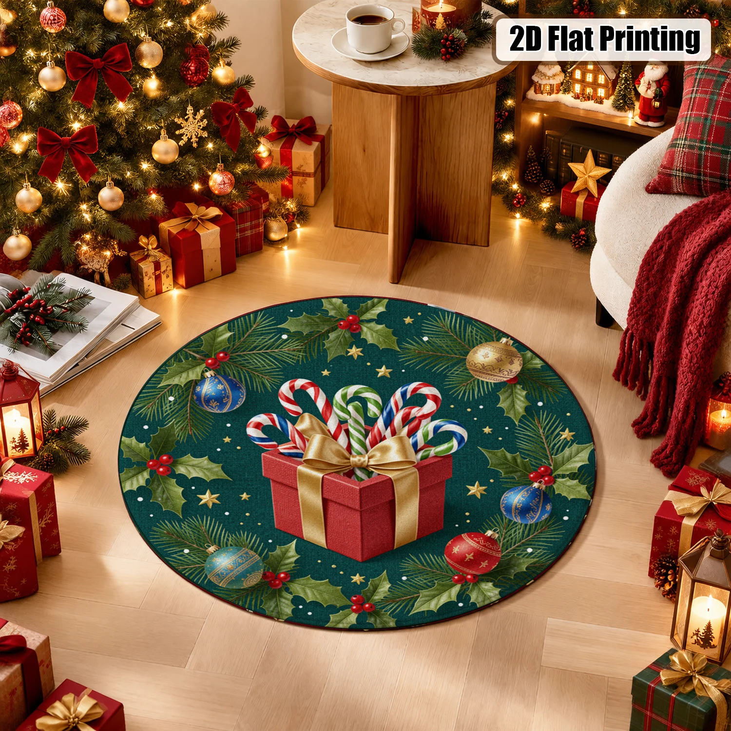 Christmas Gift Candy Cane Holly Ornament Pattern Round Velvet Doormat Machine Washable for Entryway Living Room Dining Room Bedroom Halloween Thanksgiving Black Friday Cyber Monday Christmas New Year