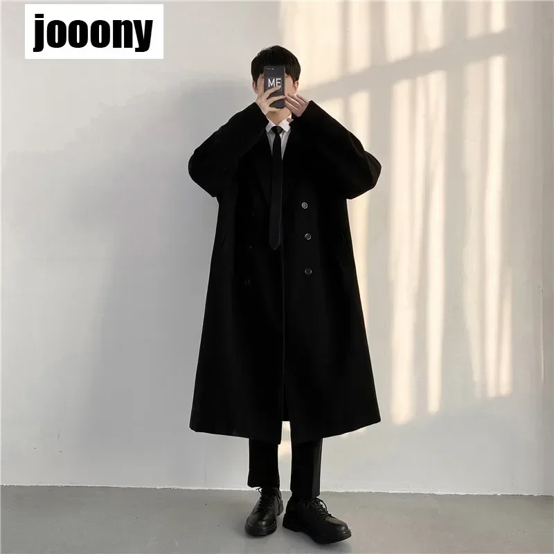 Korean Version Thickened Woolen Coats Handsome Harajuku Male Men Korean Style Wool Business Long Solid Trendy Commuting style