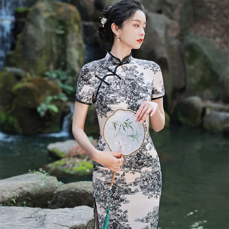 New style cheongsam double-layered side eight-button double-layered mid-length dress retro improved old Shanghai