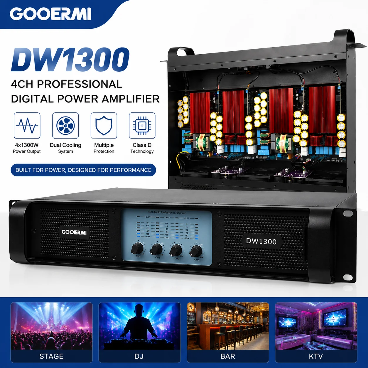 Gooermi DW1300 4x1300W 4CH Professional Digital Power Amplifier Dual Cooling Multiple Protection for Stage DJ Bar KTV PA System