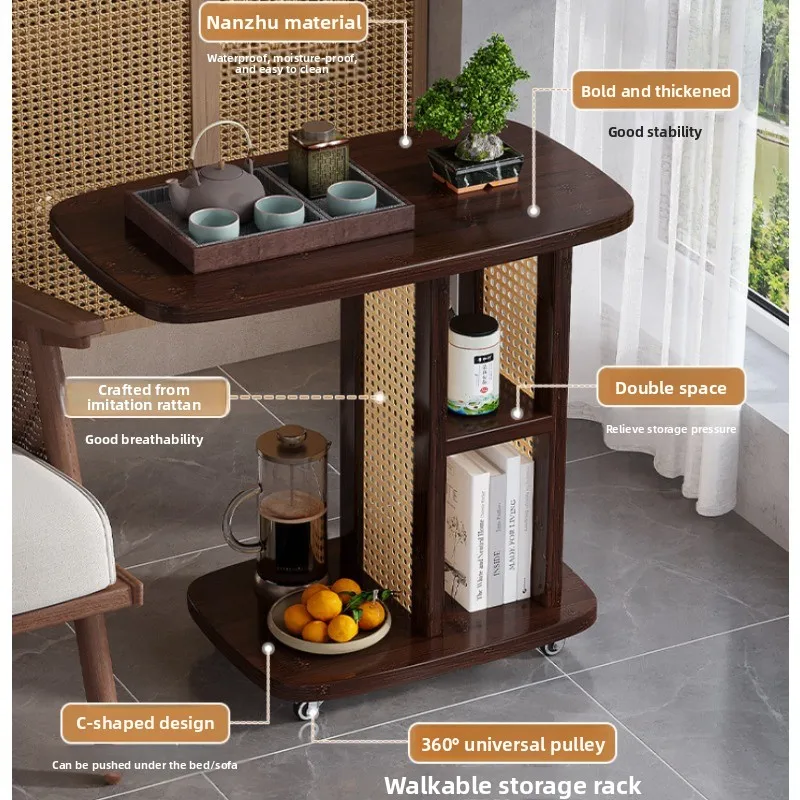 Walnut Colored Large Capacity Mobile Coffee Tables, Living Room Sofa with Wheel Storages Rack, Double-layer Storage Edge Table