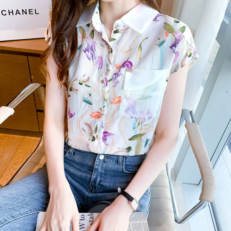 2023 New Summer Elegant Printing Pocket Turn-down Collar Short Sleeve Blouse Femme Fashion Patchwork Chiffon Shirts Women Clothe