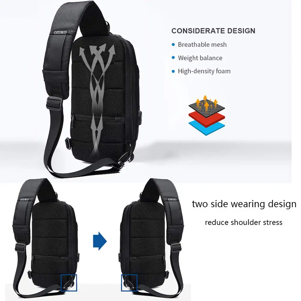 Mochila de hombro antirrobo, bolso de pecho impermeable con puerto de carga USB, mochila informal ligera