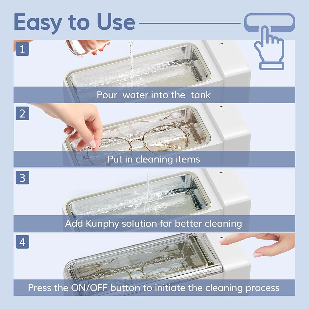 KUNPHY Household Ultrasonic Bath 600ml Ultra Sonic Cleaner 20OZ 42KHz Portable Jewelry Cleaner Machine Kit For Eyeglasses Tool
