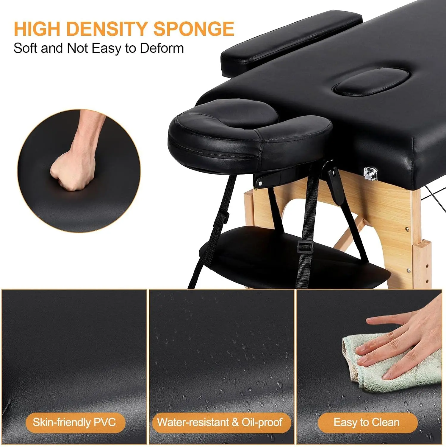 84 x 24in Portable Massage Table Folding Adjustable Lash Bed, Black | Beechwood legs, foam padding give sturdy, comfy support; height adjusts, folds into a carry case for mobile lash and spa work