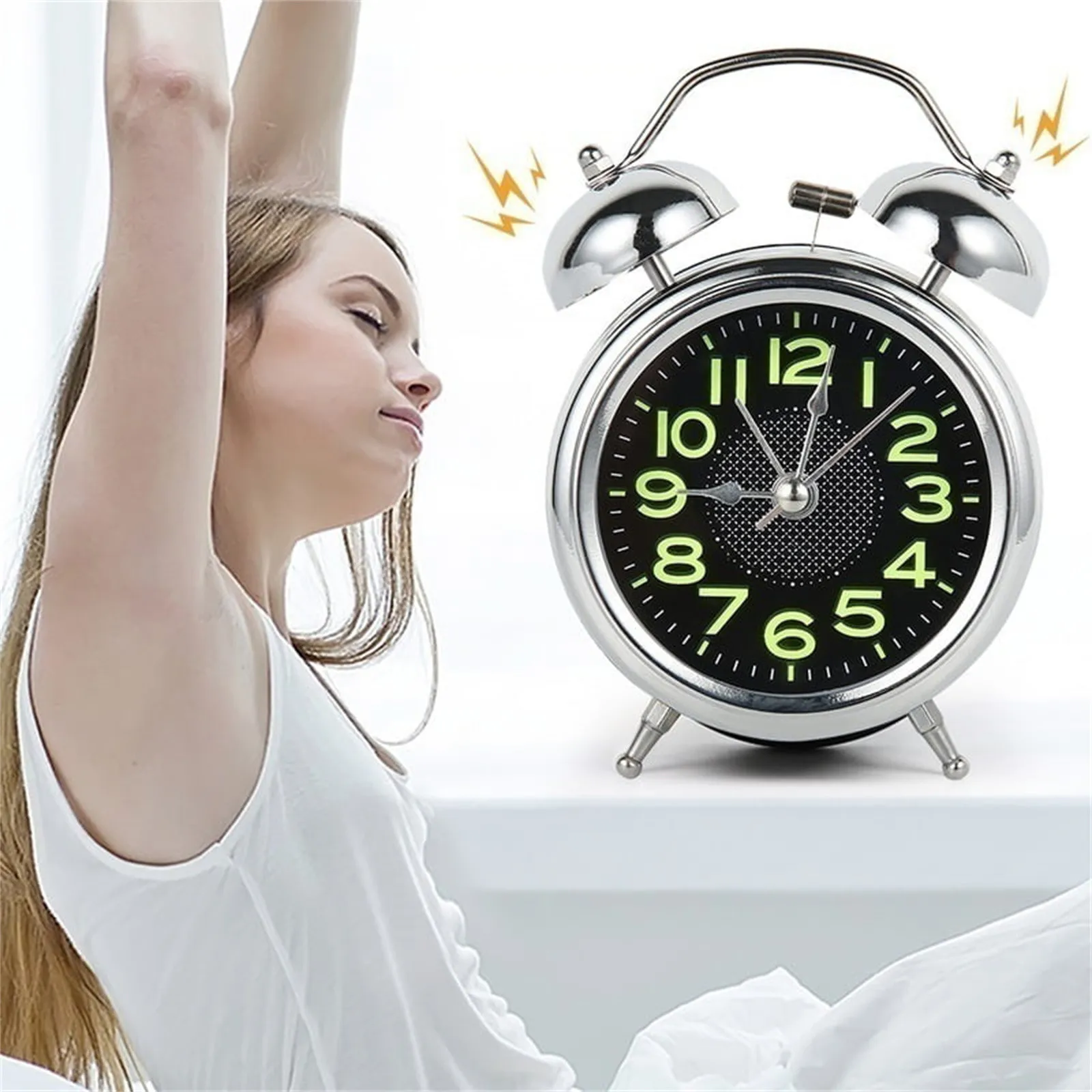 Silent Twin Bells Desktop For Sleeper Bedside Alarm Clock Extra Loud Bedroom 4 Inches Twin Bell Super Loud Alarm Clock With Nigh