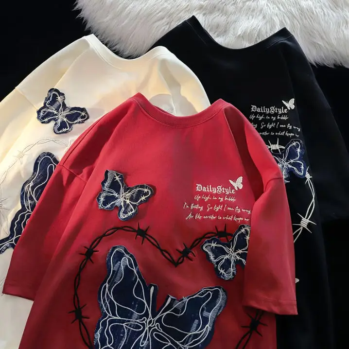 Summer High Street Butterfly Personality Graphic Short Sleeved American Couple Hip-Hop Loose Casual T-Shirt Top 2024 New