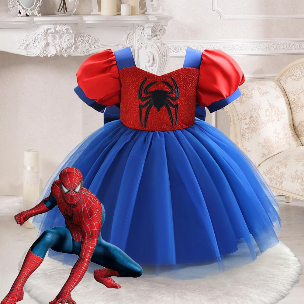 Halloween Costume For Baby Girl Popular Spider-Man Princess Dress Puff Sleeve Mesh Dress Children's Performance Puff Costume