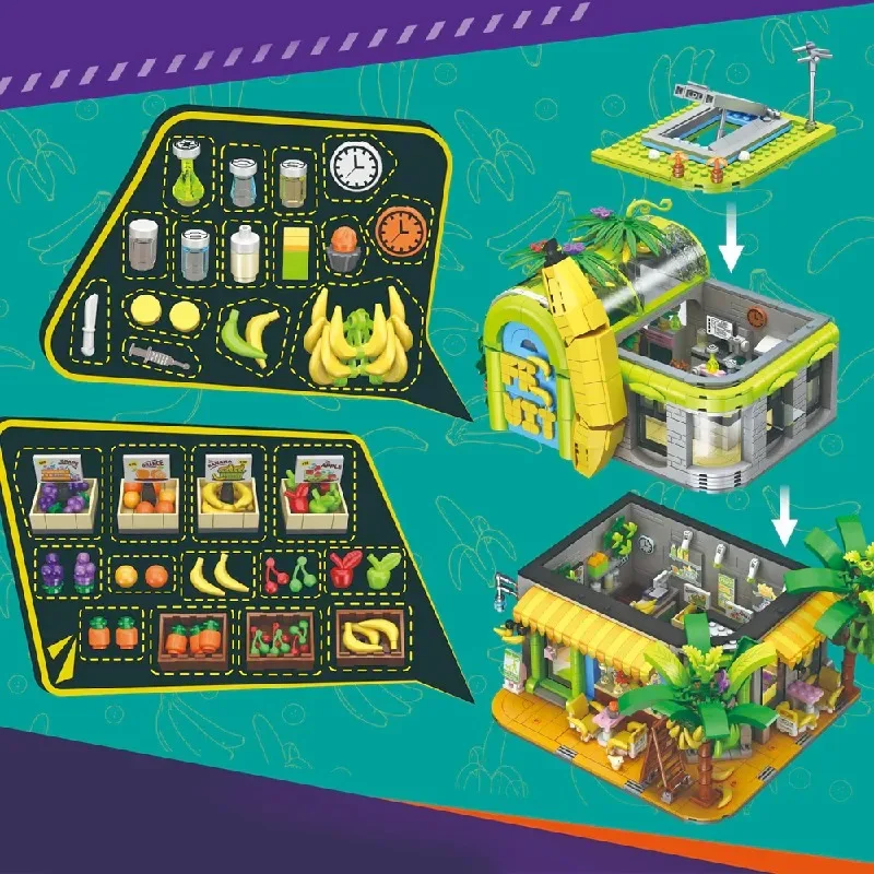 2165PCS Banana Shop House Building Set City Store Architecture Modular Building Block Assembly Model Kit DIY Toys Christmas Gift