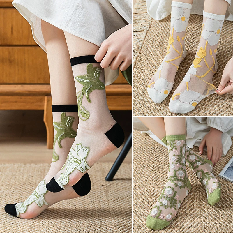 1Pair Cute Floral Socks Transparent Socks For Women Summer Breathable Ultra Thin Socks Girls Lace Flower Elastic Short Socks