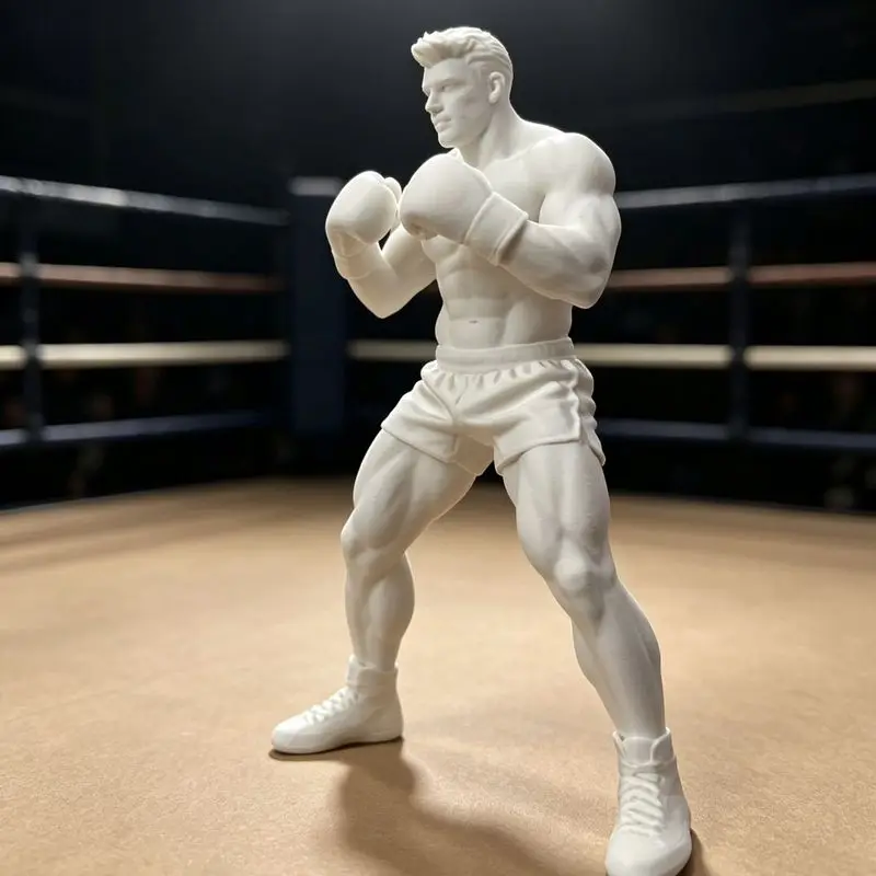 3D Printed White Mold Figurine Of A Boxing Muscular Male Boxer Fitness Model. Hand-Held Item. 20cm In Size.