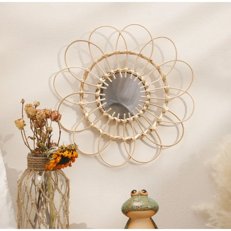 Hanging Mirror Rattan Sunflower Circular Wall Decorative Mirror Decor Hand Woven Rattan Mirror Boho Home Decor Wall Decor Gift