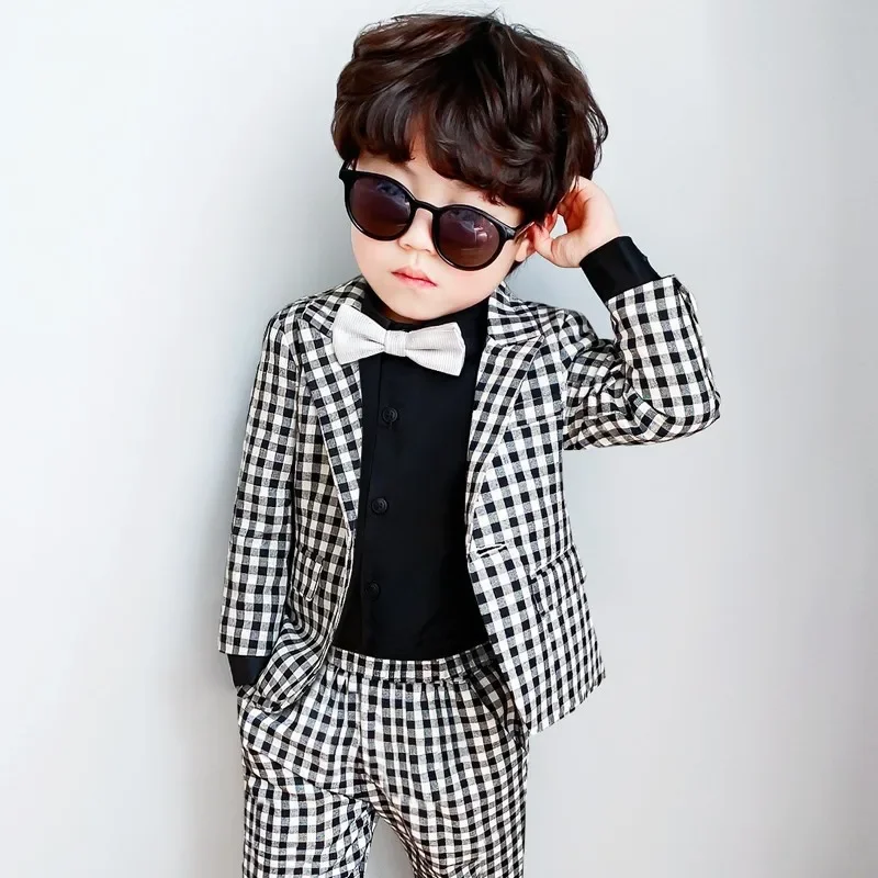 Formal Baby Child Plaid Dress Suit Set Spring Autumn Flower Boys Wedding Party Performace Costume Kids Blazer Pants Clothes