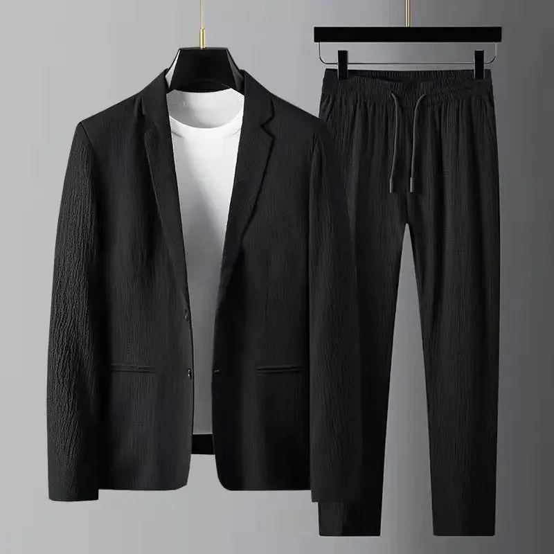 Men Summer Wrinkled Fabric Suit Set Two Button Blazer Elastic Drawstring Trousers Lightweight Casual Business 2 Piece Outfit