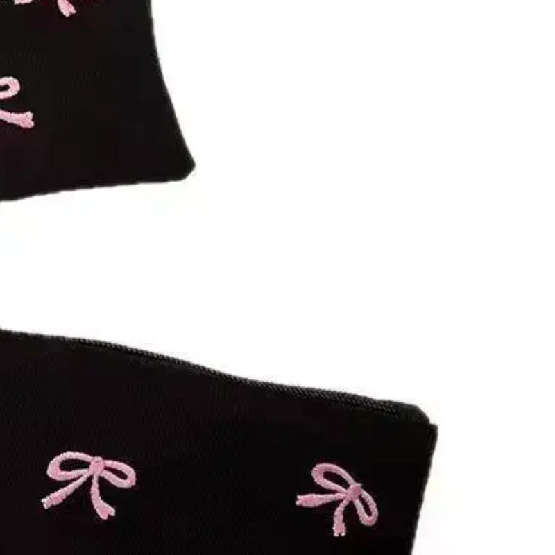 Black Canvas Pencil Pouch With Cute Pink Bow Embroidery Large Capacity For Students Stationery Storage