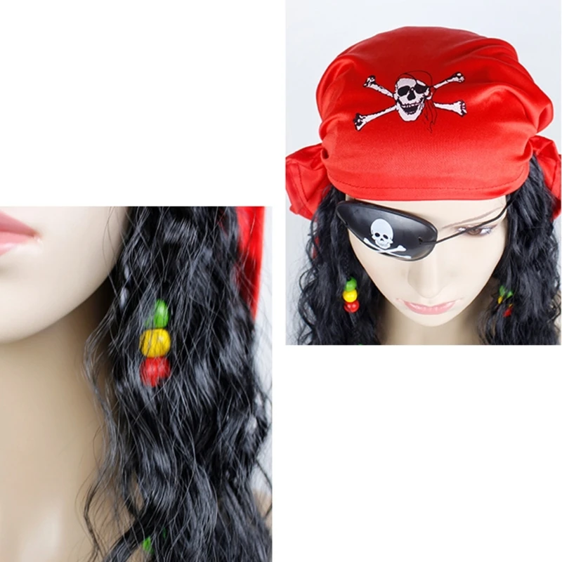 Black Curly Pirate-Cosplay Costume Pirate Wig with Eye-Patch Scarf Set for Men and Women Halloween Costume Accessories