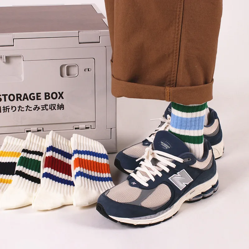 

1/4pairs Men's Striped Basketball Medium Tube Socks Vintage Unisex Women Couple Cottons Japanese Thick Towel Bottom Sports Socks