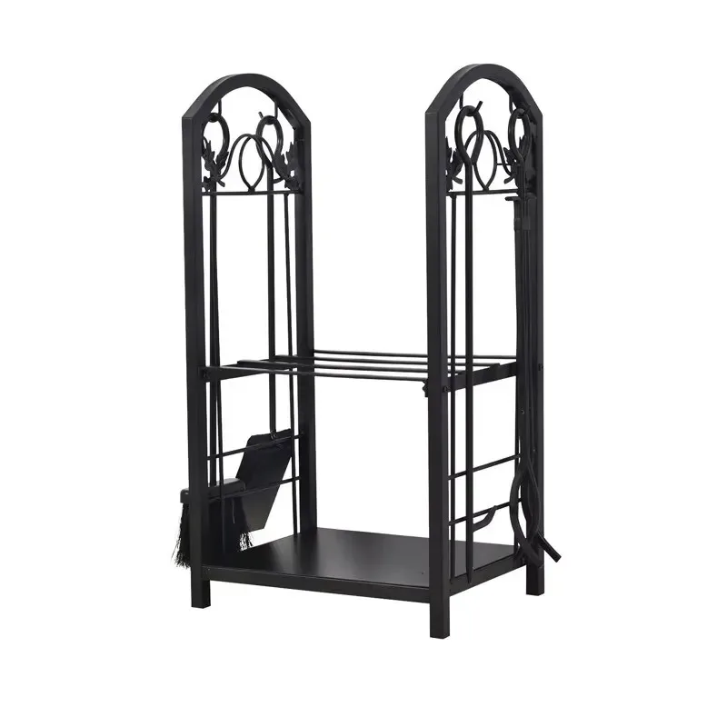 American Black Wrought Iron Floor to Ceiling Firewood Tool Holder Multi Layer Storage Rack Accessories for Household