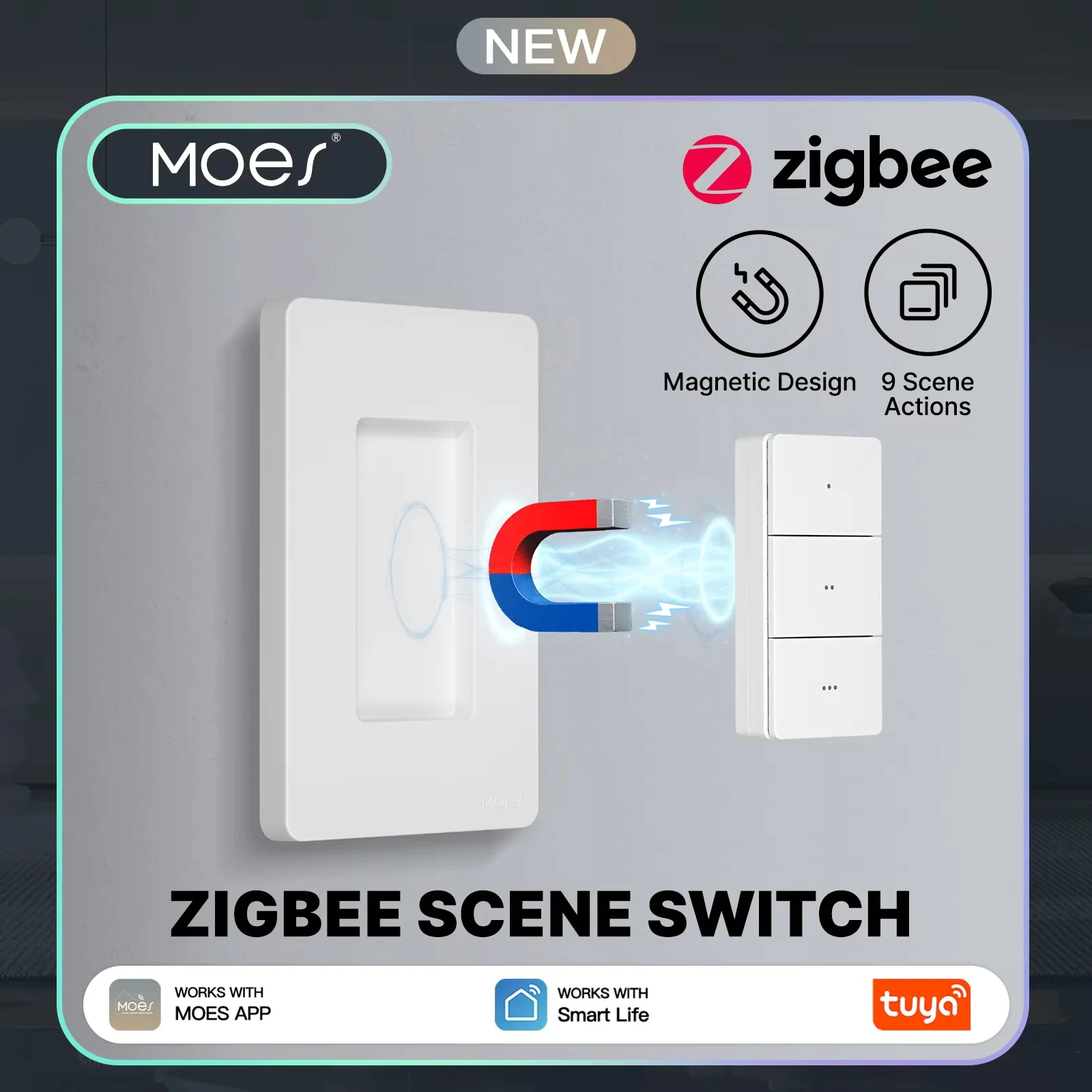 

MOES Tuya Zigbee Умный беспроводной сценарный выключатель на 3 кнопки, 9 сценариев, магнитное крепление, портативное управление кнопками, версия для США