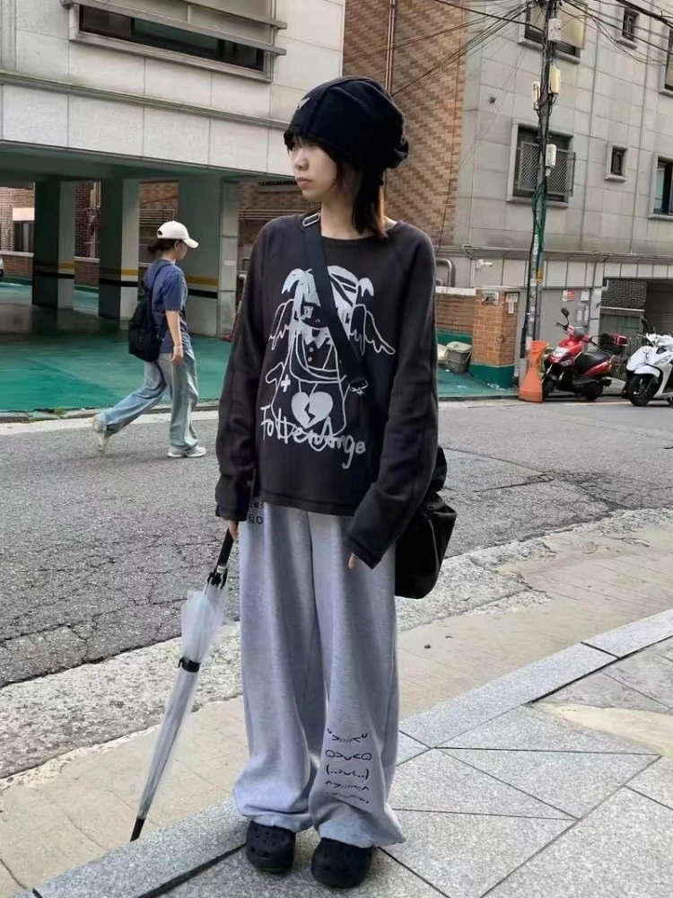 Japanese style cute emoji embroidered sweatpants with velvet autumn and winter new item subculture cute loose women's pants