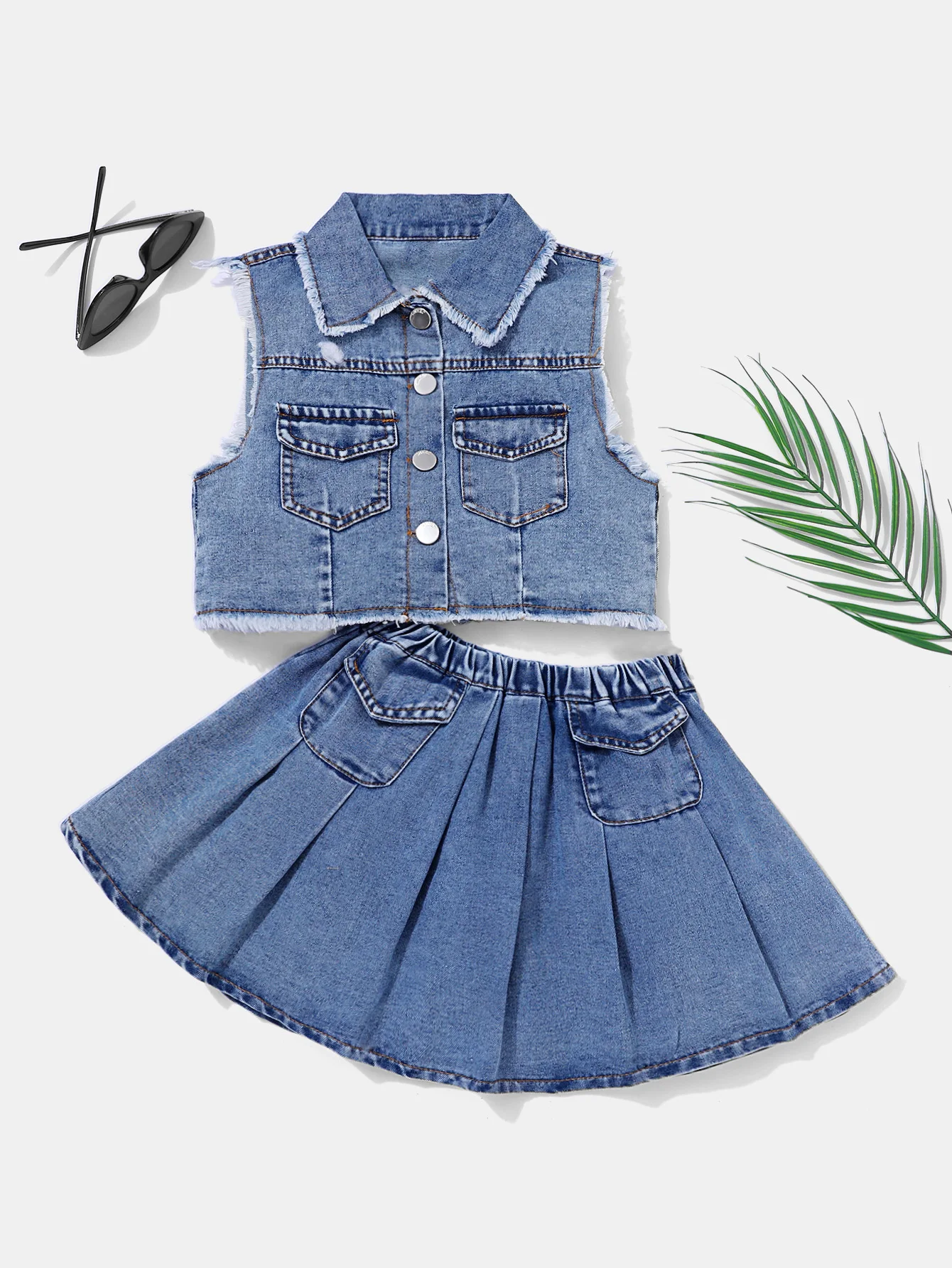 Girls\'denim two-piece summer sleeveless top+pleated denim skirt sleeve collar fur edge pocket waist elastic denim blue