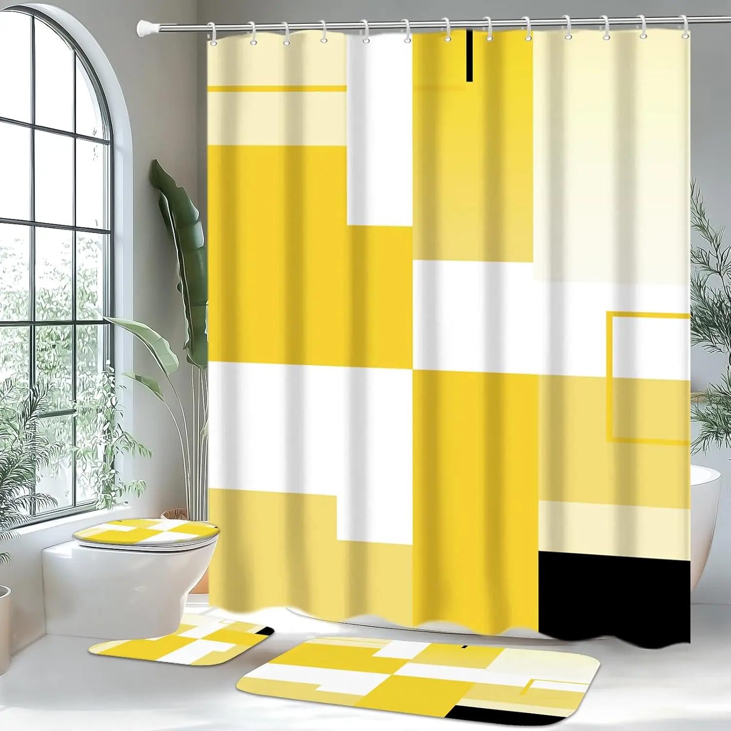 

4-х шт. желтые геометрические наборы занавесок для душа для ванной комнаты с крышкой унитаза и нескользящими ковриками, желтые современные абстрактные