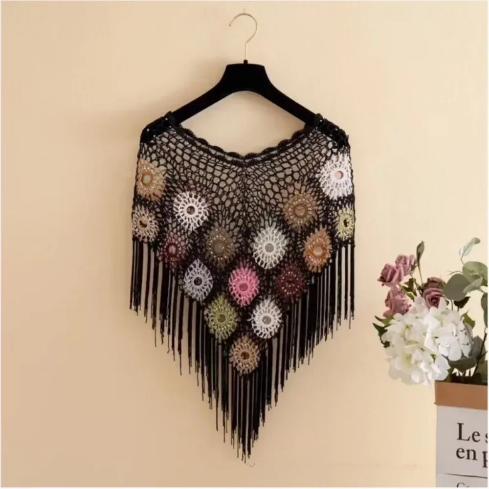 Ladies Cloak Shawls Casaco Outerwear Wraps Woman Clothes Summer Sequins Tassels Poncho Women Coat Party Outfits Cape Mesh Jacket