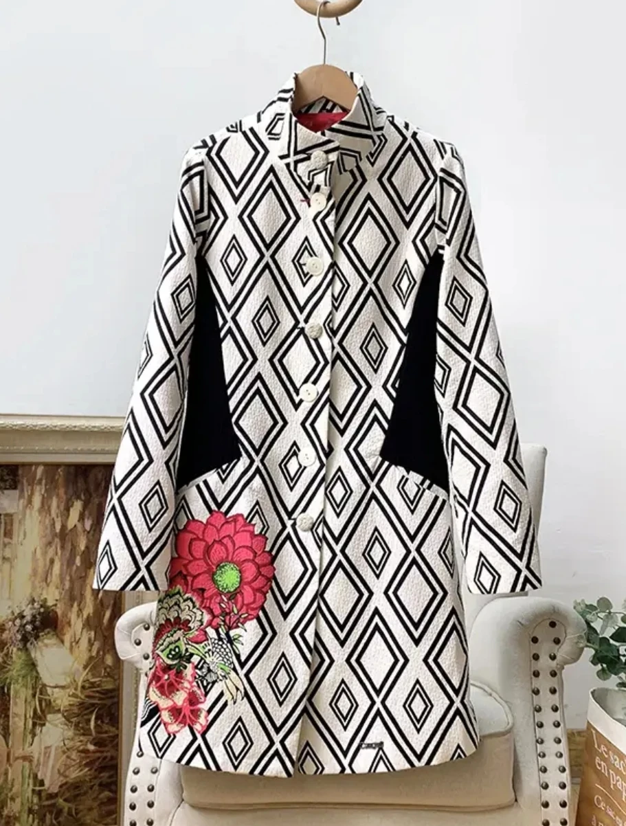 Foreign trade original single Spanish print trench coat slim medium long thin coat