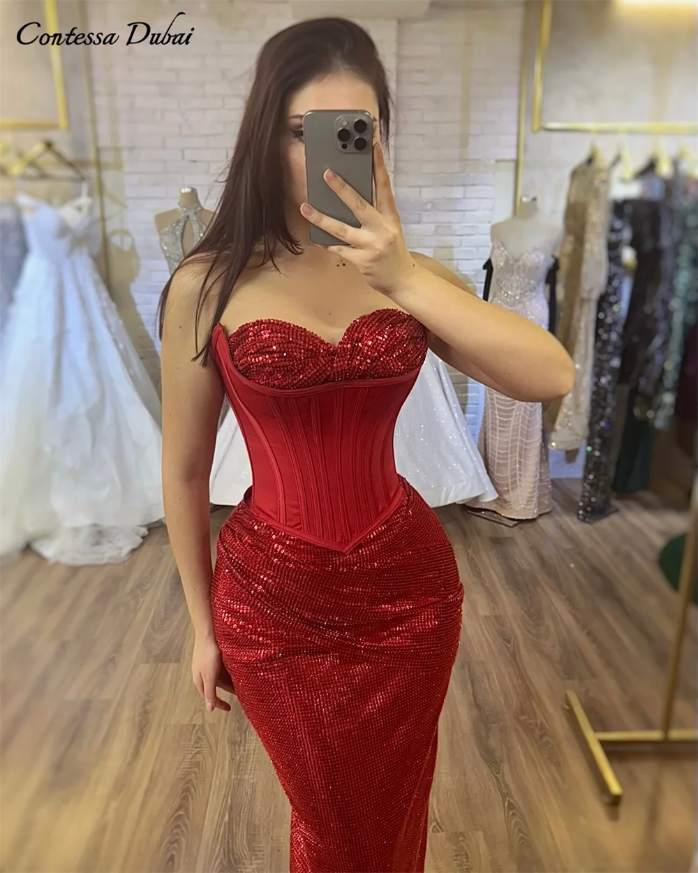 

Contessa Dubai Customized Elegant Shiny Mermaid Prom Dress Strapless Vestidos de noche Floor-Length Formal Evening 2025