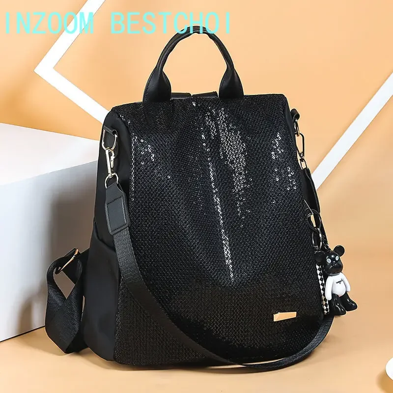 Paillettes donna 2024 nuova borsa da scuola antifurto versione coreana dello zaino multifunzione Oxford viaggio all\'aperto di grande capacità