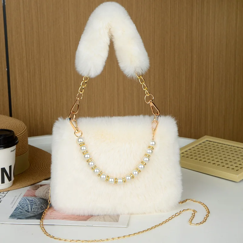 

Winter Fashionable Pearl Rabbit Fur Velvet Handbag Women's Crossbody Bag Chain Design Autumn Winter Small Versatile Bag Elegant
