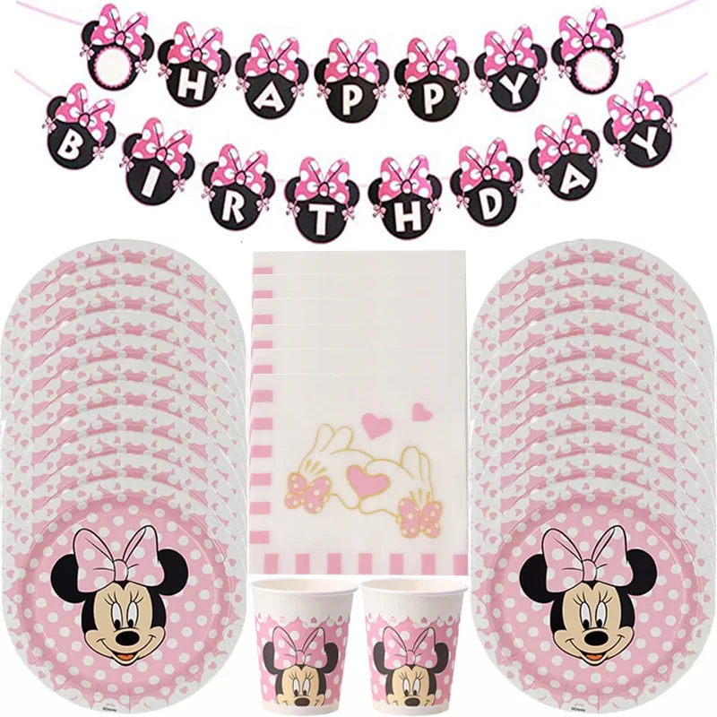 

Kids Girls Favors Minnie Mouse Theme Cups Disney Happy Birthday Party Baby Shower Plates banner Decoration Tableware