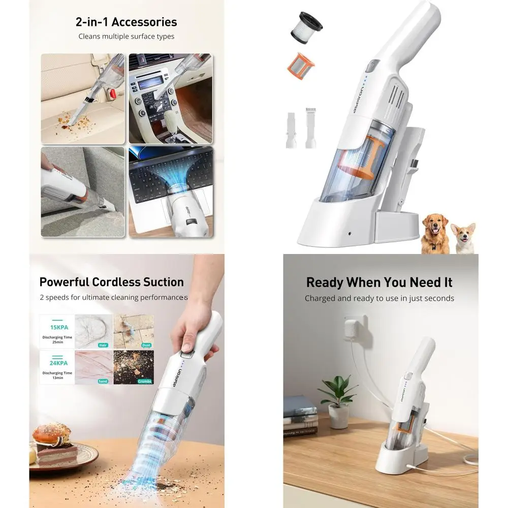 

Portable 24KPA Cordless Car Vacuum Cleaner, 2-Speed, Dual Charging Options, Ergonomic Design, Cream White