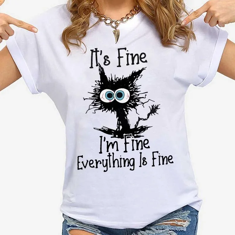 Dameskleding Kat It's Fine I'm Fine Everything Is Fine Print T-shirts Zomer Casual Mode Gepersonaliseerde Dameskleding