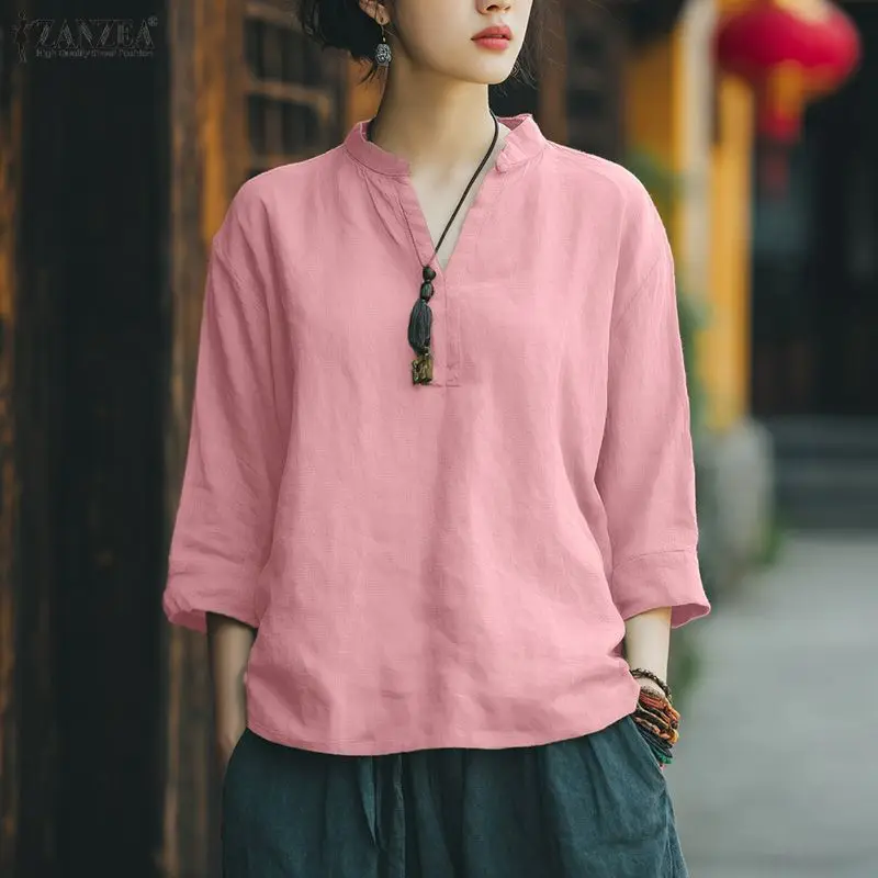 ZANZEA بلوزة كلاسيكية موضة 2025 قمصان نسائية غير رسمية سترة علوية أنيقة فضفاضة للعمل 3/4 كم على شكل حرف v بلوزات مكتب للسيدات #3