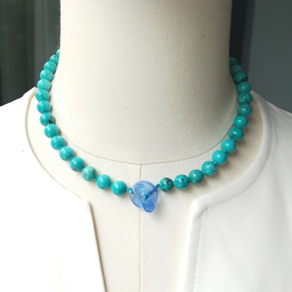 Vei Ji-Collier en pierre véritable pour femme, collier bleu turquoise, cadeau bijoux, 8mm, 44cm