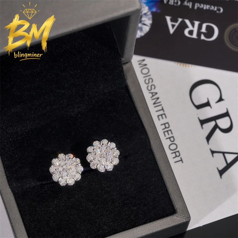 Blingminer 11mm Round VVS Moissanite Earrings For Men Women S925 Silver Ear Studs Jewelry Pass Diamonds Tester GRA Free Shipping