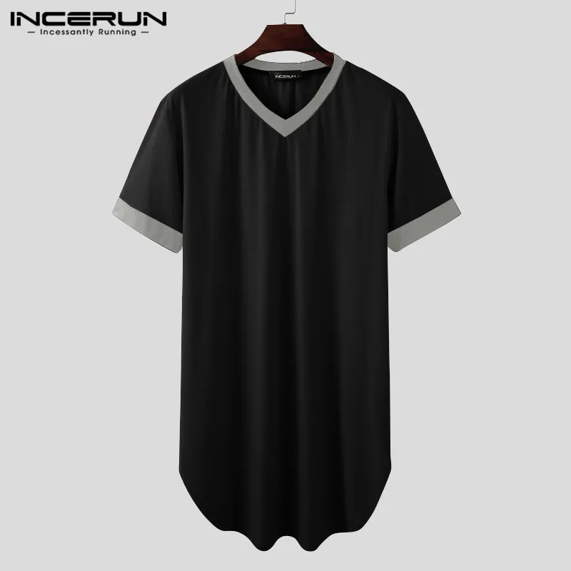 Men Nightgown Sleep Robes Short Sleeve V Neck Loose Comfortable Homewear Patchwork Dressing Gown Men Bathrobes Plus Size INCERUN