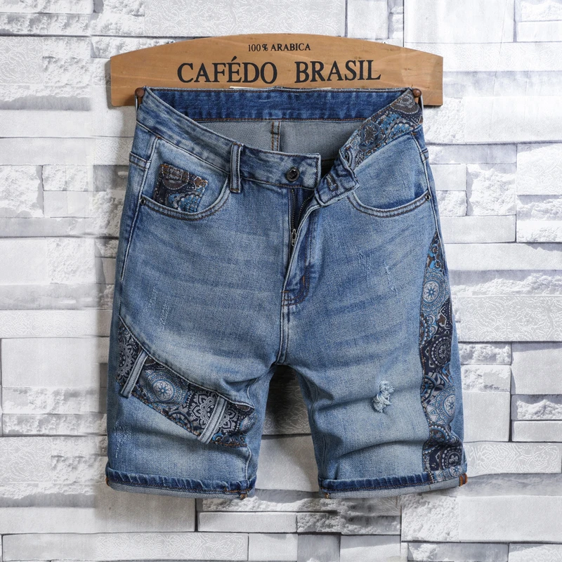 

JDK61 High-end tide brand fashion collision colour big cow hole loose casual versatile splicing embroidery denim shorts