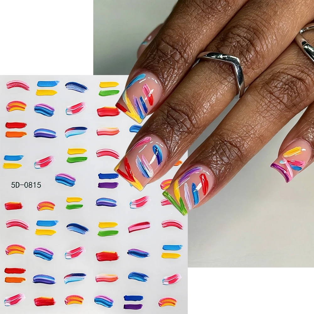 1pcs colorful 5D Paint Brush Stroke Nail Stickers Y2K Embossed Abstract Oil Painting Texture Nail Decals DIY Summer Dopamine dec