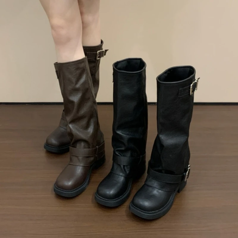 Vintage Platform Heel Women Knee High Boots Autumn Winter Female Thick Bottom Shoes Buckle Decor Knight Long Booties