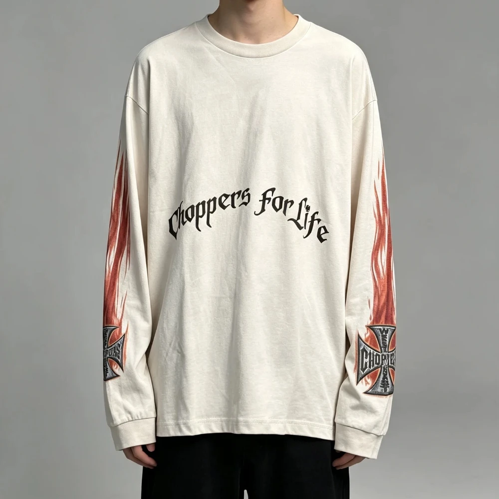 New Vintage Tops Hip Hop WCC West Coast Style Long Sleeve Tee Casual Washed Oversize Streetwear Flame Cross T-shirt for Men