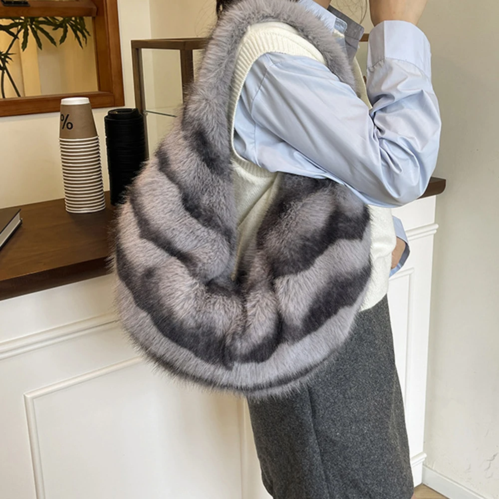 

Large Capacity Hobo Furs Bags for Women Fluffy Plush Shoulder Bag Half Moon Striped Shopper Purses Faux Fur Women Bag Tote NEW