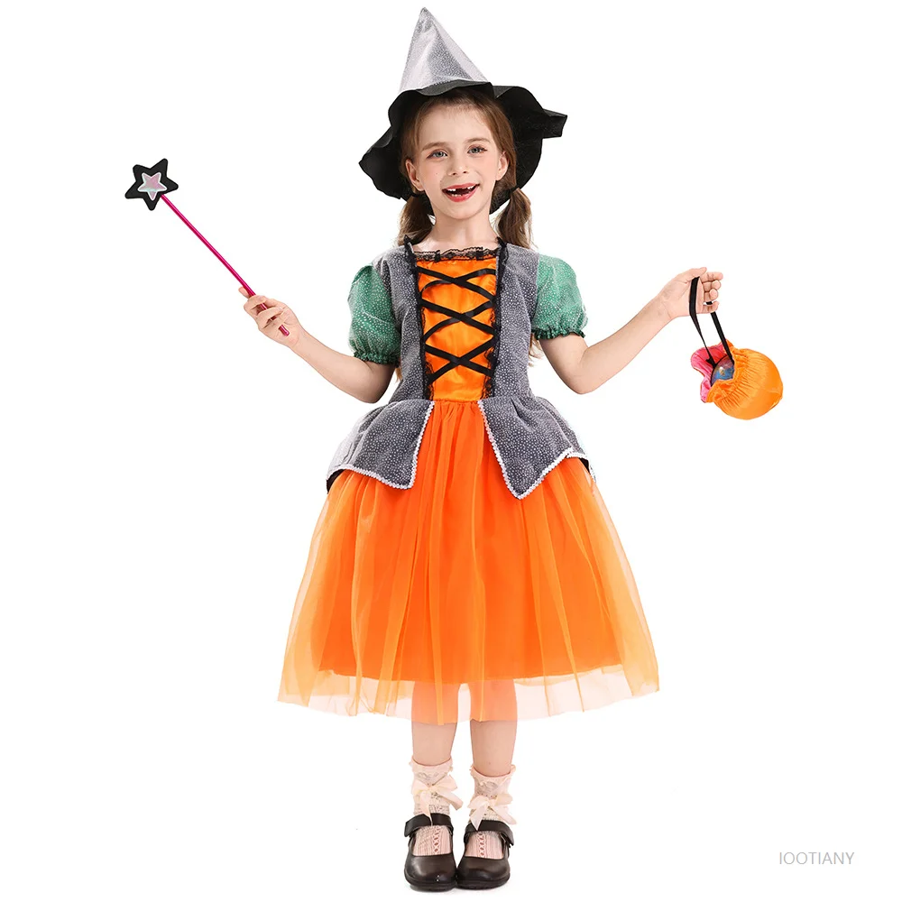 

Baby Girl Halloween Witch Costume Children Role Play Vampire Princess Dress Girls Dress Up Clothes With Hat Carnival Party Gift